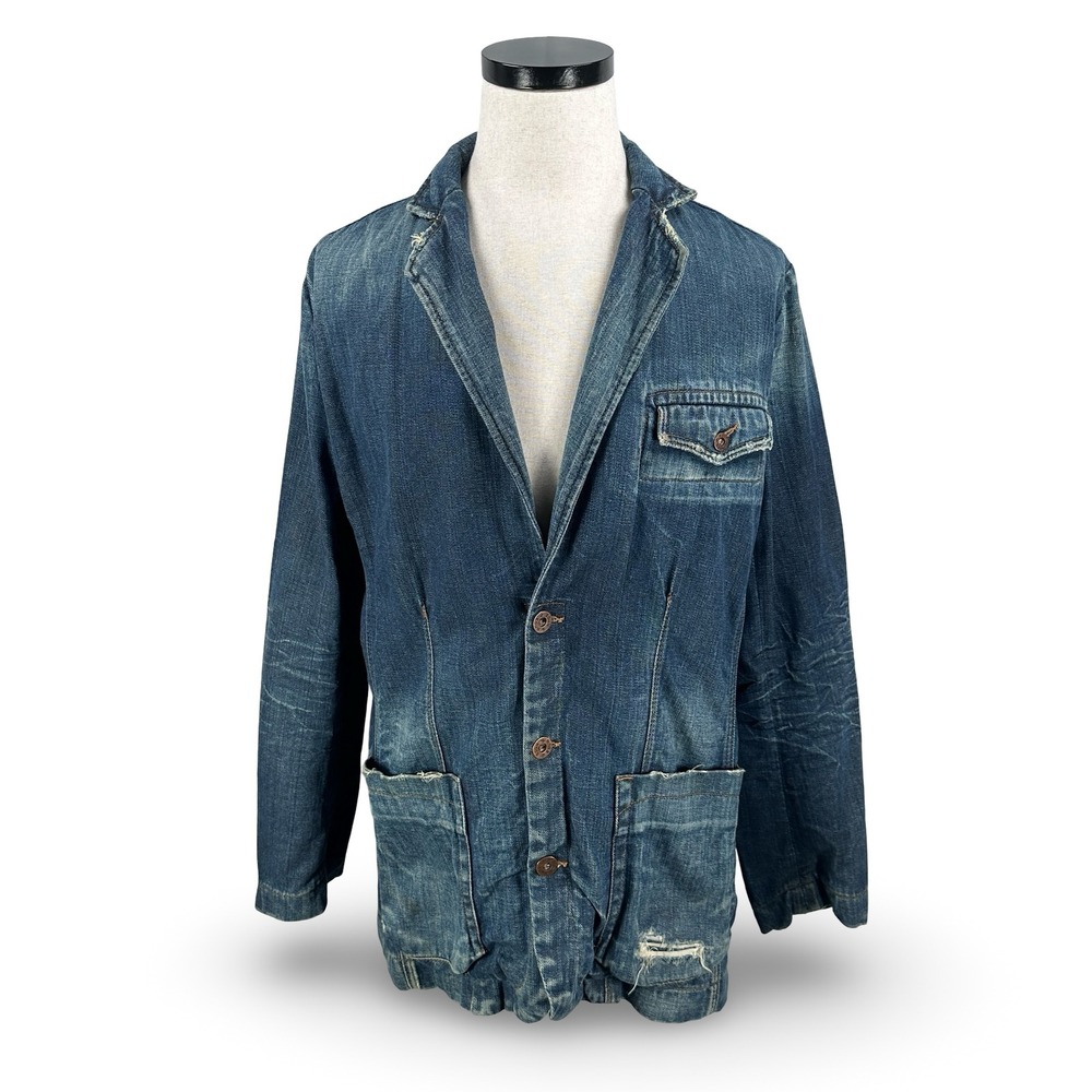 EDUN Women Blue Distressed Denim Blazer Jacket 100% Cotton Large Made in Tunisia